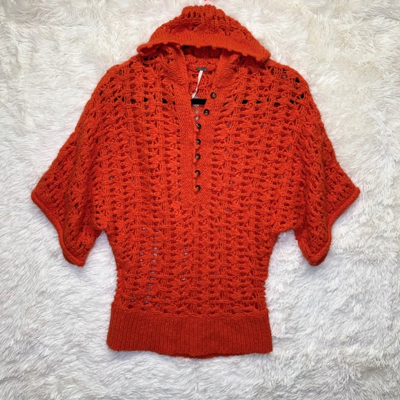 Free People Sweaters - Free People Orange Open Knit Hooded Sweater Wool Blend Henley Button Size Small